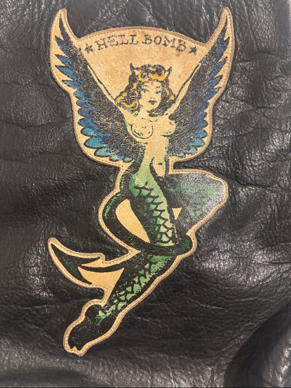 Lucky girl Black Leather Women’s  Bag Mermaid Patch handmade one of a kind - Picture 3 of 6